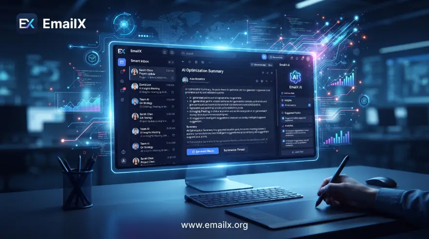 Illustration of an AI-assisted email inbox on a desktop monitor, with a thread summary and suggested replies